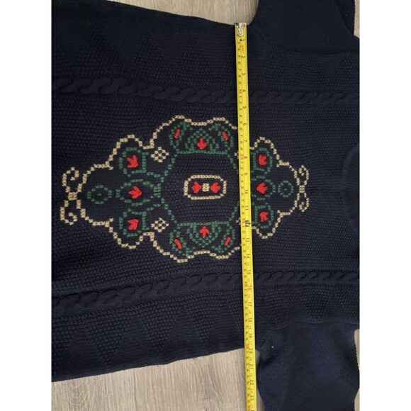 Vtg 80s Liz Claiborne Navy Merino Wool Tyrolean Cross Stitch Film Art Sweater SP - Picture 9 of 12